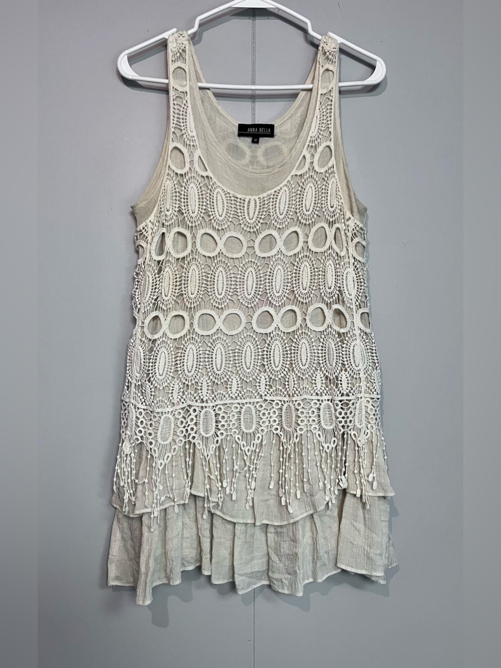 Anna Bella Crochet Lace Tiered Tunic Dress Boho Beach Cover Up Cream M